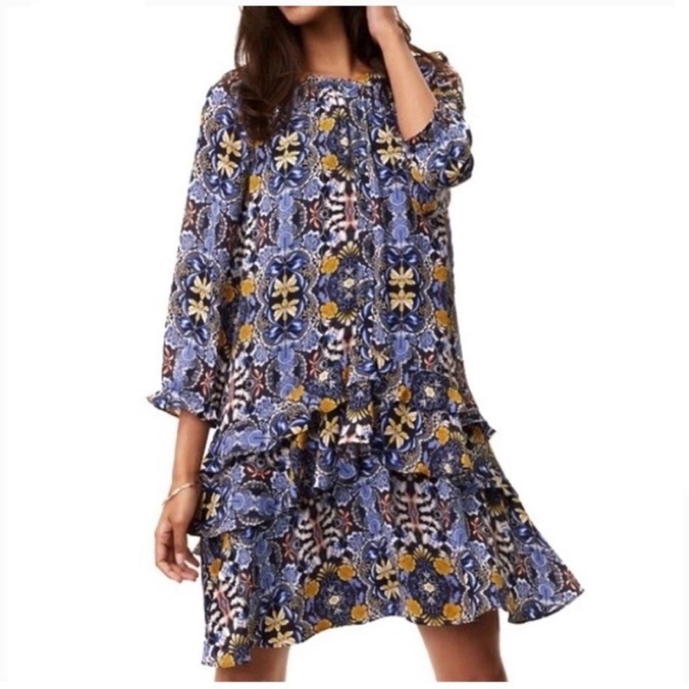 Loft Floral Drop Waist Tiered Ruffle Hem Dress Size XS